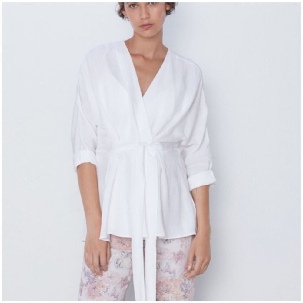 Zara Women’s Wrap Shirt White Sz. S Front Tie Linen